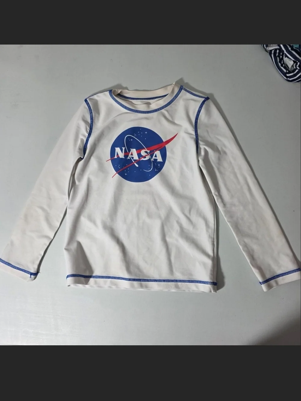 Logo Long-Sleeve Kids Tee in White with Blue Trim